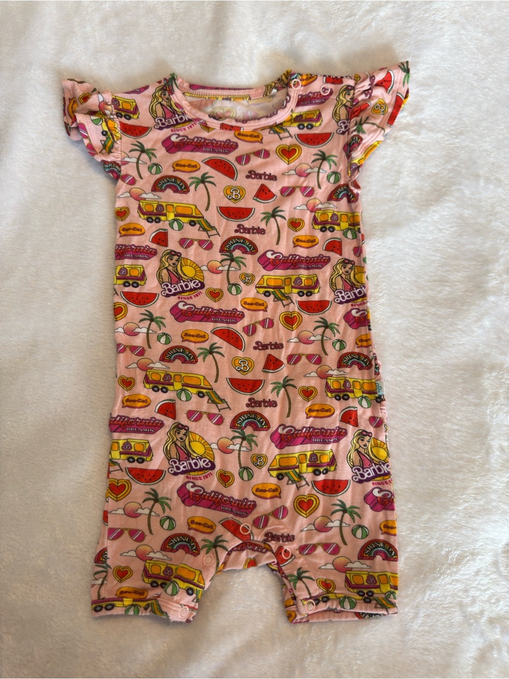 Posh Peanut Pink Barbie Print One-Piece Romper